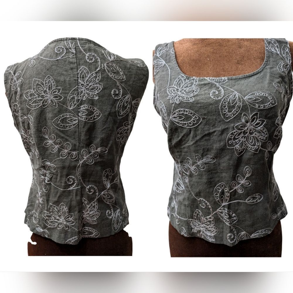 Taupe Linen blend fitted embroidered top size 6